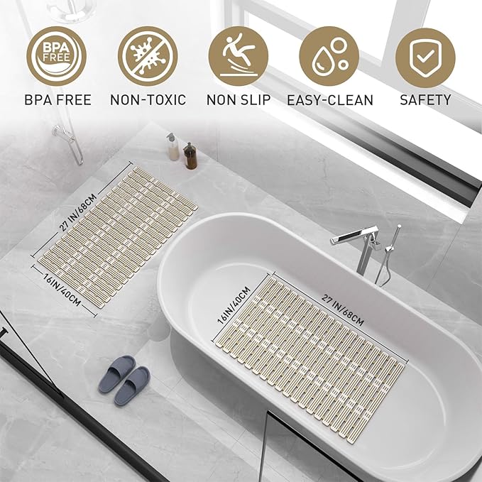 XIYUNTE Shower Mat Non Slip Bath Mat for Tub - 27 X 16 Inch TPE Bathtub Mat Non Slip Shower Mats for Inside Shower, Bath Tub Mat with Powerful Suction Cup, Easy to Cut and Dry, Brown