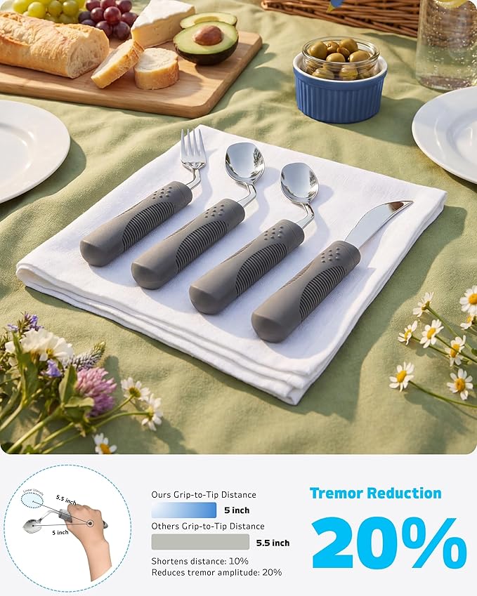 Adaptive Utensils 4-Piece Set | Weighted Silverware for Hand Tremors & Parkinson's | 42° Angled Rocker Knife & Shovel Spoon | 200g Weighted Utensils for Arthritis, Elderly (Grey,