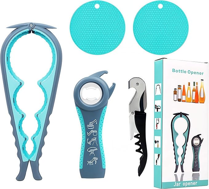 5-in-1 Jar Opener for Seniors, Weak Hands & Arthritis – Non-Slip Silicone Gripper Pad, Easy-Grip Bottle & Can Lid Opener Set, Grey and Blue
