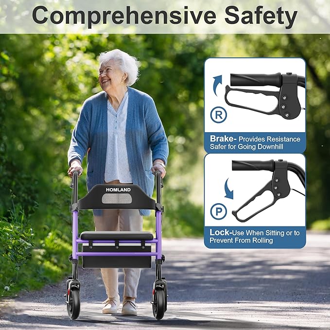 HOMLAND Foldable Rollator Walkers with Seat for Seniors, 8'' Big Wheels, 350 lb. Weight Capacity, Adjustable Handles and Seat Height, Lightweight Rolling Walker, Purple