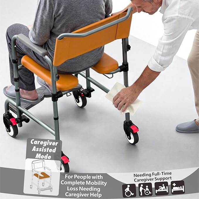 Shower Chair with Wheels, Two Modes Bedside Commode with Wheels, Aluminum Shower Wheelchair with Footrest, Portable Toilet with Bucket for Elderly and Disabled, 300 LBS Weight Capacity