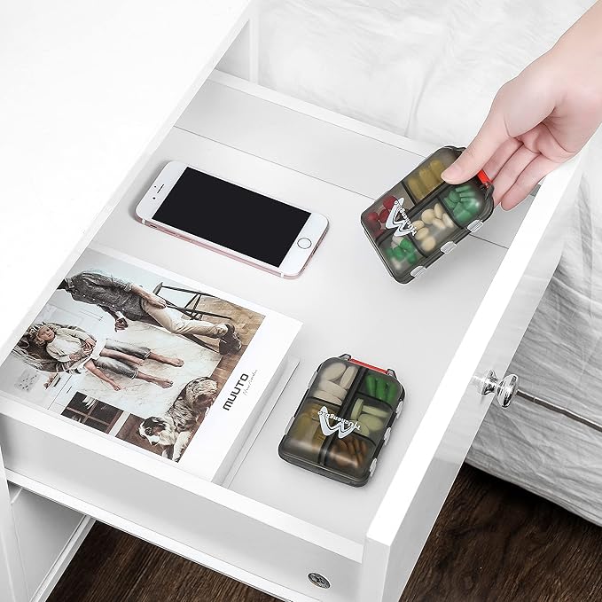 4PS Travel Pill Organizer with 164 Slice Labels，10 Compartments Travel Pill Box Portable Folding Small Pill Case Daily Pill Container Used for Carry Storage Medicine Organizer By M MUchengbao (Grey)