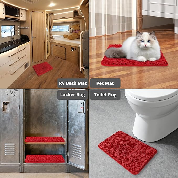 Small Bathroom Rug 12"x18" – Washable and Absorbent Bath Mat, Non Slip, Thick Soft Chenille Bath Rugs for Bathroom, Shower, Sink, Dog Mat(Red)