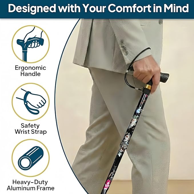 Walking Cane with LED Light, Foldable,Adjustable, Self Standing Walking Canes for Men & Women,Walking Sticks with Quad Base for Seniors & Adults