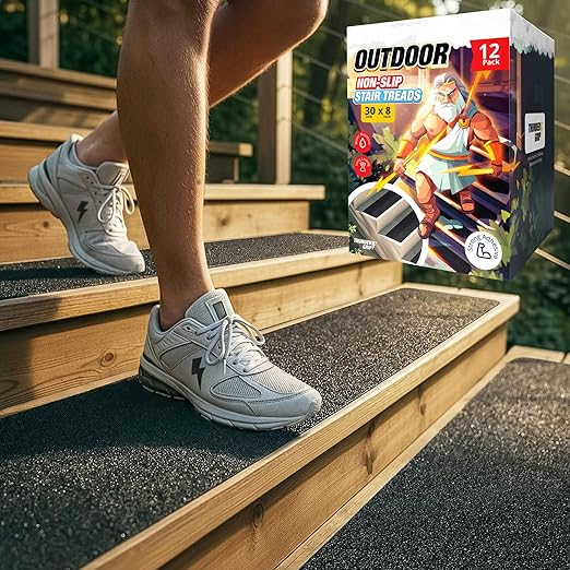 Thunder Grip Outdoor Stair Treads Non Slip 30" x 8" - 12-Pack Weather Resistant Exterior Grip Tape for Wooden Steps - Anti Skid Strips - Waterproof 80-Grit Adhesive Treads