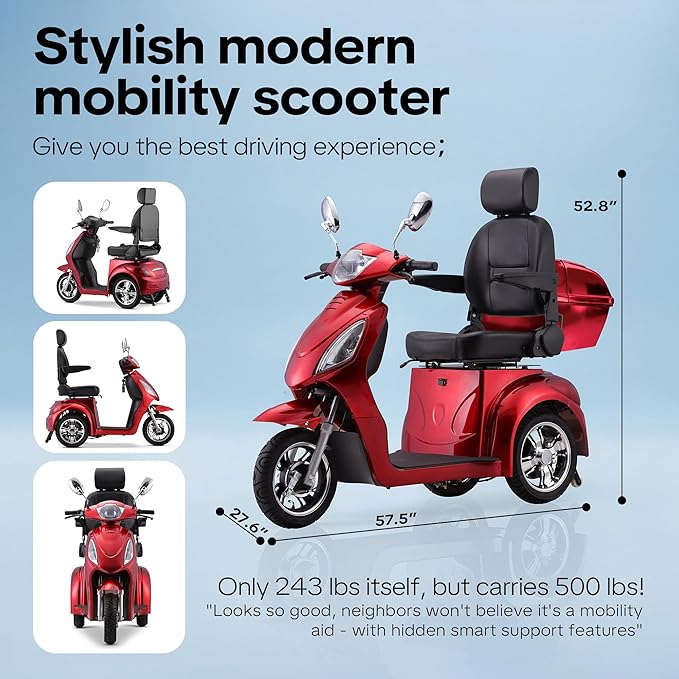 Super Large Electric 4 Wheel Mobility Scooters, Heavy Duty 800W Wheelchair Device, 25 Miles Long Range, All Terrain Mobility Scooter，Speed Adjust, Remote Key,Receive Ready to Ride (3 Wheel -red)