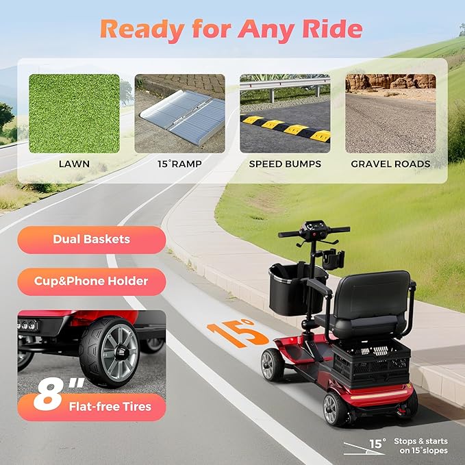 Mobility Scooter for Adults & Seniors with Removable Battery, Cruise & Airport Approved, Foldable Motorized Scooters with Dual Basket, Phone & Cup Holder, Red