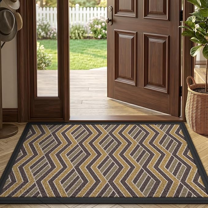 LUMI Front Door Mat 24x36, Low-Profile Non-Slip Welcome Mat for Indoor Outdoor, Stain & Fade Resistant Geometric Door Mat for Entryway Patio Porch, Zig-Amber