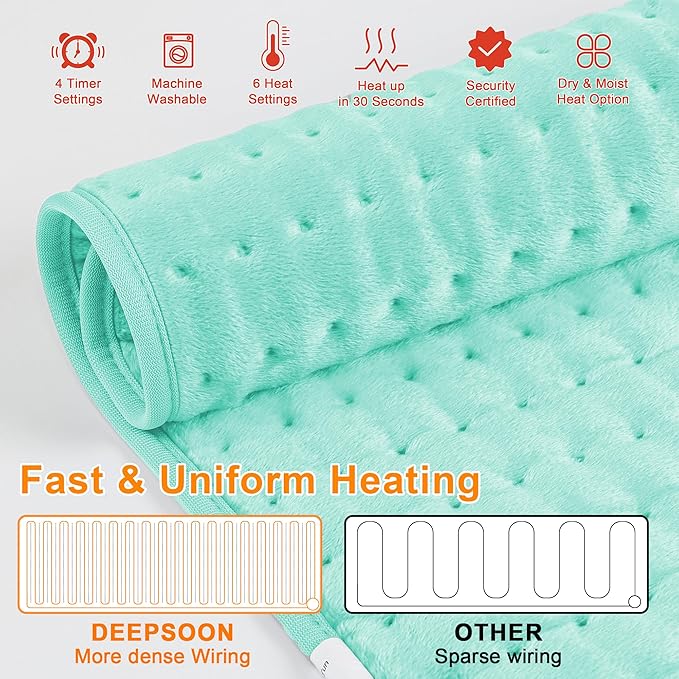Deepsoon Heating Pad,Electric Heating Pads for Back,Neck,Moist Heating Pad for Abdomen Shoulder Knee Legs,Dry/Moist Heat&Auto Shut Off,Mother's Day Birthday for Men and Women,Light Green,24x12 Inch