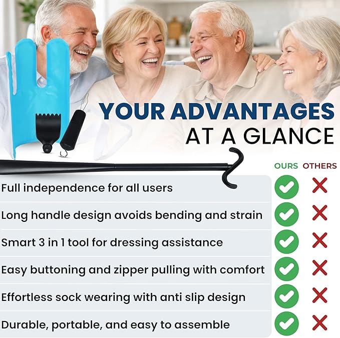 Premium 3 Dressing Aid Kit Shoe Horn Sock Aids for Putting on Long Handle Helper Seniors Assistant Device No Bending Disability Tool Pregnancy Scratcher Zipper Button Limited Mobility