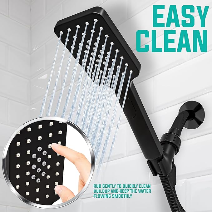 Metpure Handheld Shower Head with Easy Clicker for Multiple Sprays. Low Profile Lightweight Rectangular Shower Head. Stainless Steel Hose & Adjustable Mount Holder. Matte Black Finish