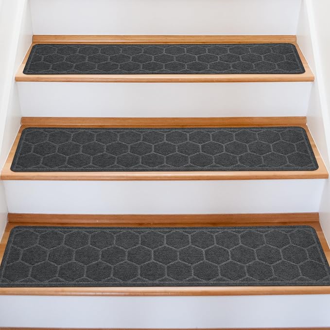 15 Pack 8 "X 30" Non-Slip Carpet Stair Treads for Indoor Wooden Steps, Made of Polyester and Reusable Adhesive, Suitable for Kids Elders and Pets（Grey Hexagon）