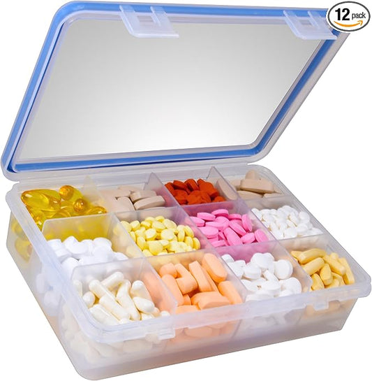 GMS 12 Compartment Vitamin Pill Organizer - Large Size Suitable for Multiple Supplements & Tablets - Safe, Secure Design with Easy Locking Lid - Medicine Cabinet Organizer & Ideal for Travel