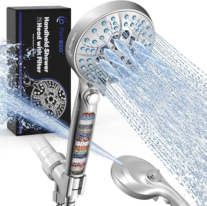 Pavezo® High Pressure Handheld Shower Head with Filter, ON/OFF Switch Pause Button, 10-mode Shower Head with Hard Water Softener Filters, SS Hose, Anti-clog & Powerful Clean Tile & Pet, Premium Chrome
