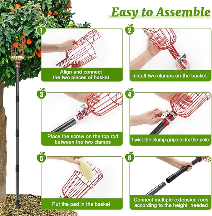 13FT Fruit Picker, Long Reach Fruit Picker Tool with Basket & Adjustable Stainless Steel Handle, Fruit Grabber for Apple Mango Avocado Orange Lemon, Easy Assembly & No Ladder Needed for Tall Tree
