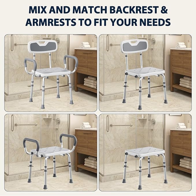 UNILEAF Shower Chair for Shower Stall with Arms and Back, Height Adjustable 16"-20", 450 lb Capacity, Non-Slip Feet, Tool-Free Push-Button Assembly