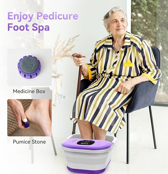 CuPiLo Foot Spa Bath Massager with Heat, Collapsible Foot Massager Spa Soaking Tub with Bubbles, Red Light, Pumice Stone, Shiatsu Massage Rollers, Pedicure Foot Spa for Relaxation, Gifts(Purple)