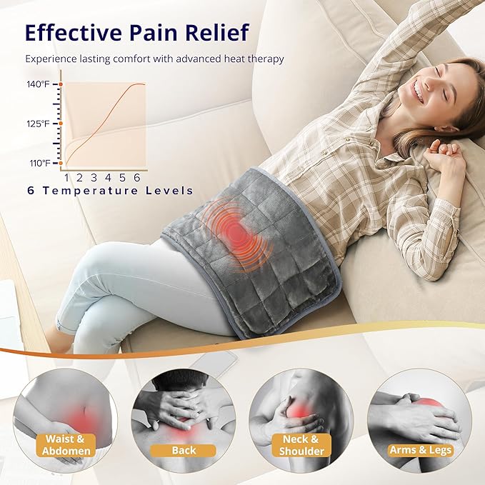 Heating Pad, Weighted Heating Pad with Massaging Vibrations, 6 Heat Settings & 4 Massage Modes,Soothing Warmth for Back & Shoulders, 12" x 24",Silver Gray