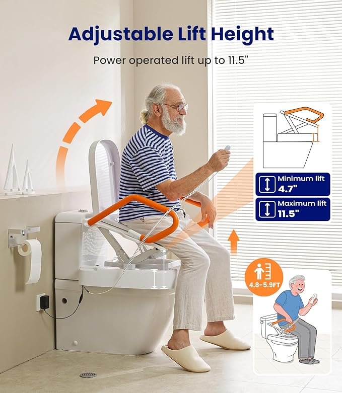 VOCIC Electric Toilet Seat Lift, Electric Raised Toilet Seat, Powered Toilet Seat Riser with Handles, Toilet Lift Seat for Elderly, Support to 330LBS, AX12
