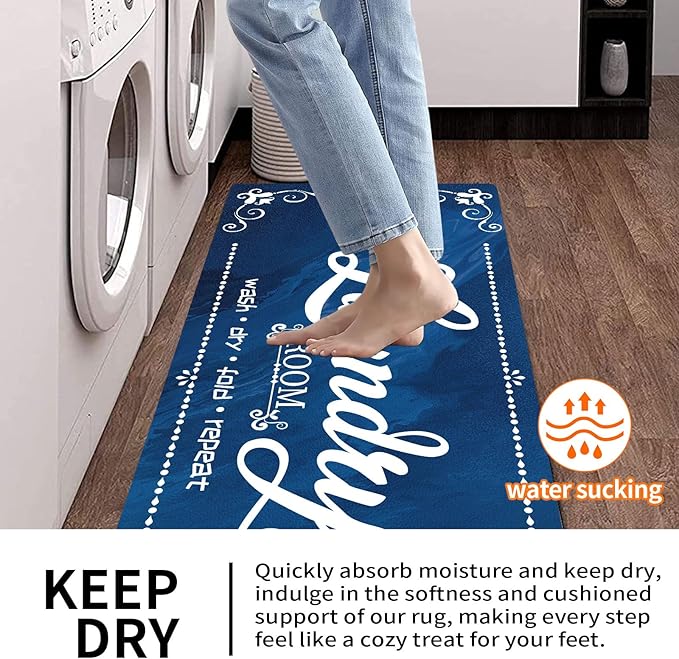 XLHOMO Laundry Room Rug Runner, 17"x60" Non Slip Navy Blue Nappa Leather Laundry Rugs, Farmhouse Washable Floor Laundry Mats for Laundry Room, Kitchen, Washroom, Bathroom, Hallway Entryway Decor