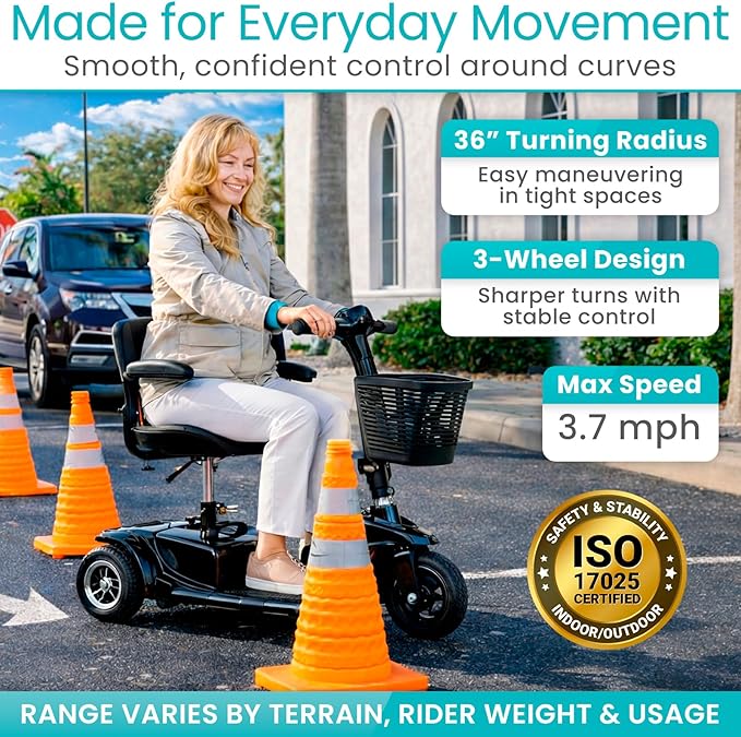 Vive 3 Wheel Mobility Scooter - Electric Powered Mobile Wheelchair Device for Adults - Folding, Collapsible and Compact for Travel - Long Range Power Extended Battery with Charger and Basket Included