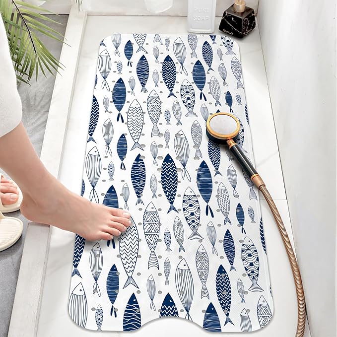 Fish Bathtub Mat Non Slip, Boho Baby Bath Mat for Tub Rubber Tub Mat, Cute Kids Bath Mats for Bathroom Ocean Anti Slip Shower Mat with Suction and Drain Holes Machine Washable, 40″X16″