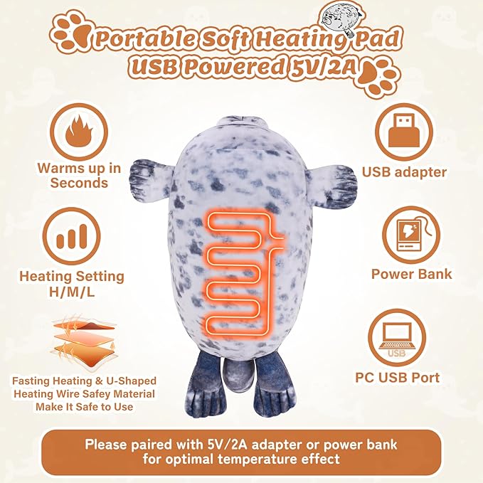 Electric Heating Pad for Period Cramps, Cuddly Soft 14" Seal Plush with a Hot Soft Belly USB Powered, Menstrual Heating Pad Neck Shoulder Pain Relief, Gift for Daughter Wife Period Heating Pad