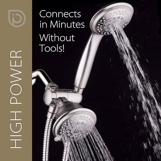 For California High Pressure 24-setting Handheld & Rain Shower Head Combo, Stainless Steel Hose, 3-way Water Diverter - Nickel Finish