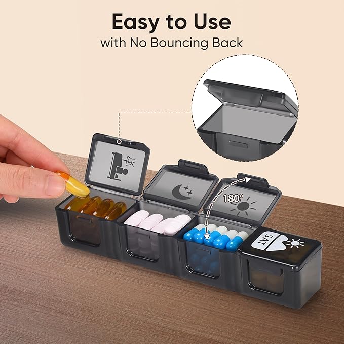 Fullicon Extra Large Weekly Pill Organizer 4 Times a Day, XL Large Pill Box, 7 Day Medicine Organizer, Pill case for Vitamin/Fish Oil/Supplements (Black)