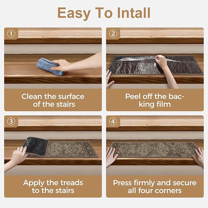Non Slip Stair Treads for Wooden Steps 15PCS - 8"x30" Indoor Safety Carpet, Edging Mats with TPE Adhesive Backing, Pet and Elderly Friendly Stair Rugs (Sage/Brown)