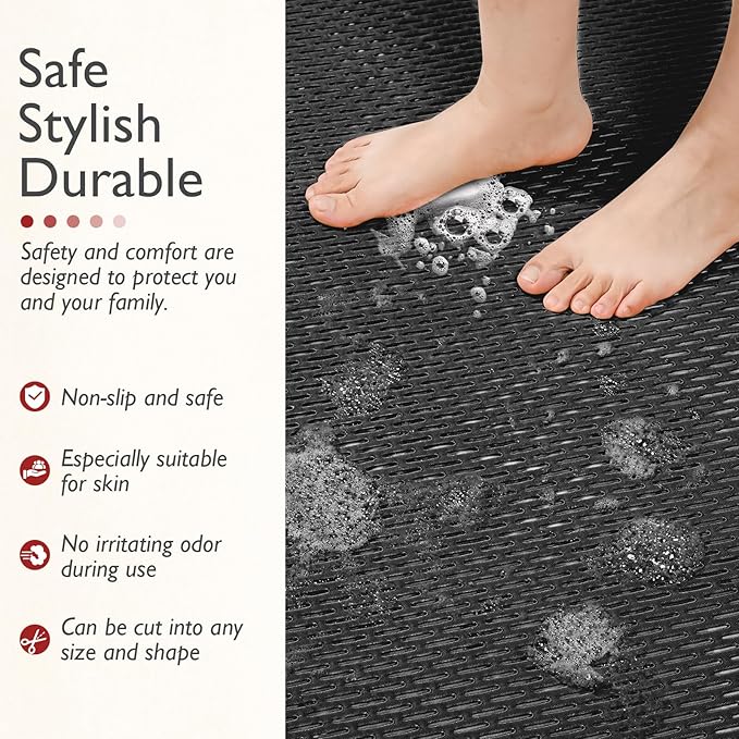 Extra Large Non-Slip Shower Mat, Fast-Dry PVC Bath Stall & Tub Mat, Drain-Hole Design,for Shower Stall Tub for Elderly/Kids，Non Slip Bathroom Safety Accessory，Black 32"x47"