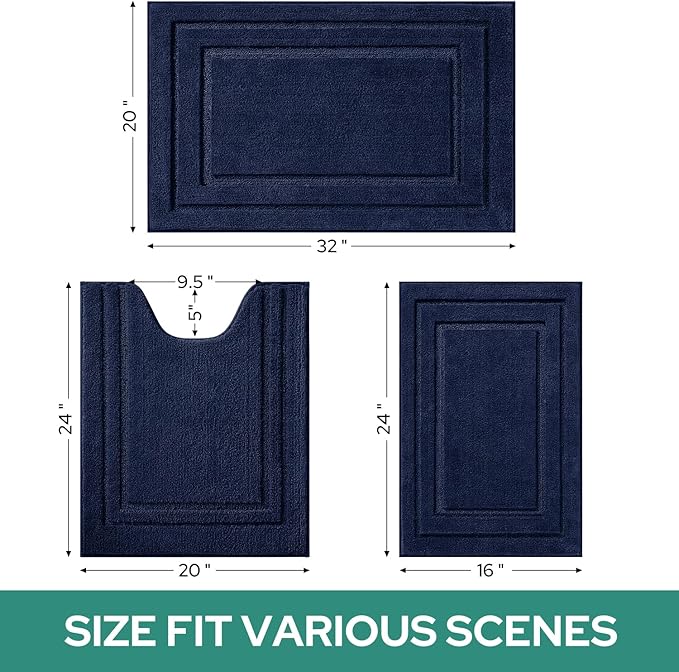HOMEIDEAS Bathroom Rugs Sets 3 Piece, Super Soft and Absorbent Non Slip Microfiber Toilet Bath Mat with U-Shaped (Navy Blue)