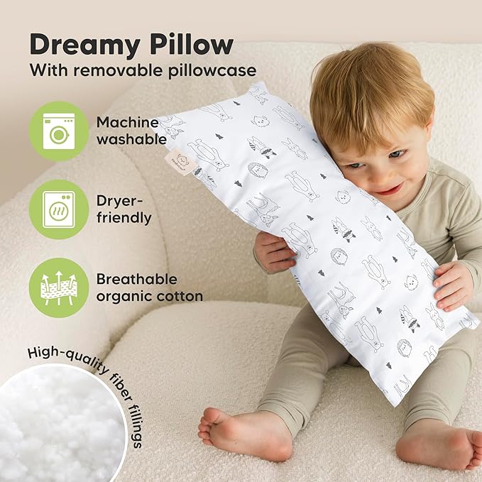Toddler Pillow with Pillowcase - 10x18 My Little Dreamy Kids Travel Bed Pillows for Sleeping, Organic Cotton Small Pillowcase, Soft & Breathable, Machine Washable, Toddlers 2-5 years old (KeaFriends)