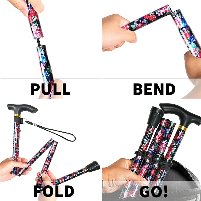 Folding Cane, 5-Level Adjustable Height Lightweight Portable Foldable Walking Canes with Wrist Strap and T Handle for Men Women Seniors