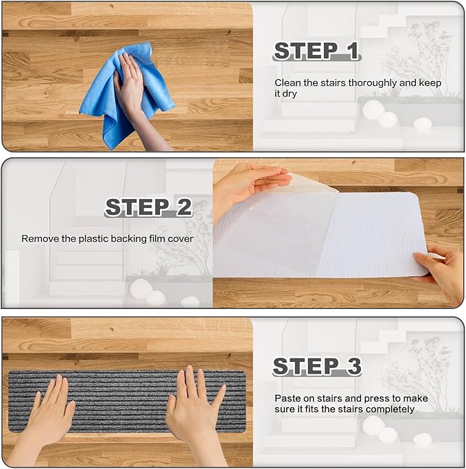 Stair Treads for Wooden Steps - Non Slip Stairs Carpet Tape Peel and Stick with Double Adhesive Tape Set of 15 Stripe- Grey