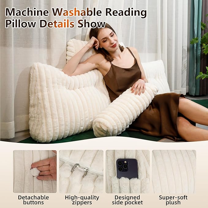 Luxury Faux Fur Headboard Pillow Twin Size - Triangular Wedge Cushion for Bed & Sofa, Fluffy Reading Backrest Bolster with Detachable Neck Roll, Washable Cover & Side Pocket, Ivory