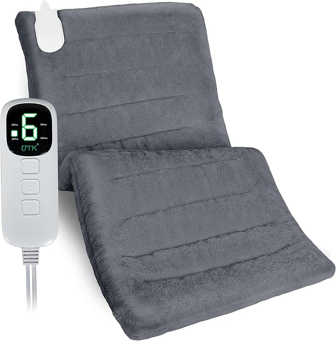 UTK XL Heating Pad for Back, Electric Heat Pad for Period Cramps Pain Relief, Soft Thicken Flannel Fabric Machine Washable, Birthday Gifts for Women Mom, 6 Heat Settings & Auto-Off, 12" x 24"(Grey)