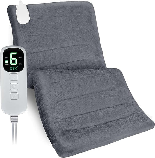 UTK XL Heating Pad for Back, Electric Heat Pad for Period Cramps Pain Relief, Soft Thicken Flannel Fabric Machine Washable, Birthday Gifts for Women Mom, 6 Heat Settings & Auto-Off, 12" x 24"(Grey)