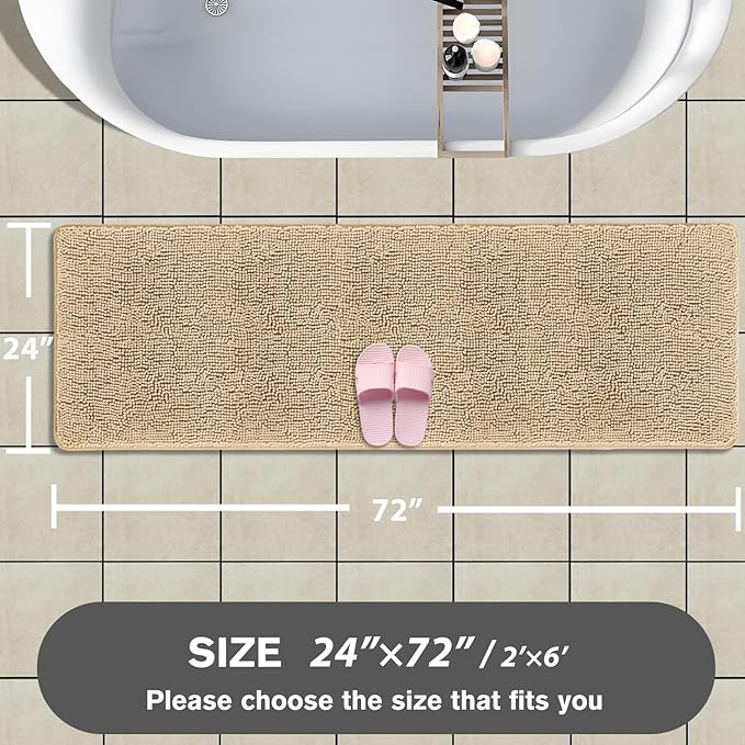 Bathroom Runner Rug 24 x 72 Non Slip – Extra Long Bath Mat | Absorbent and Washable Thick Chenille Runner Rug for Bathroom, Shower, Tub, Sink(Ivory Cream)