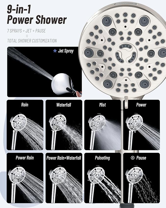 Filtered Handheld Shower Head for Hard Water, High Pressure Showerhead with 7 Spray Modes, Power Jet & Pause, Detachable & Adjustable for Healthier Skin & Hair - Brushed Nickel (VMASSTONE HM-003)
