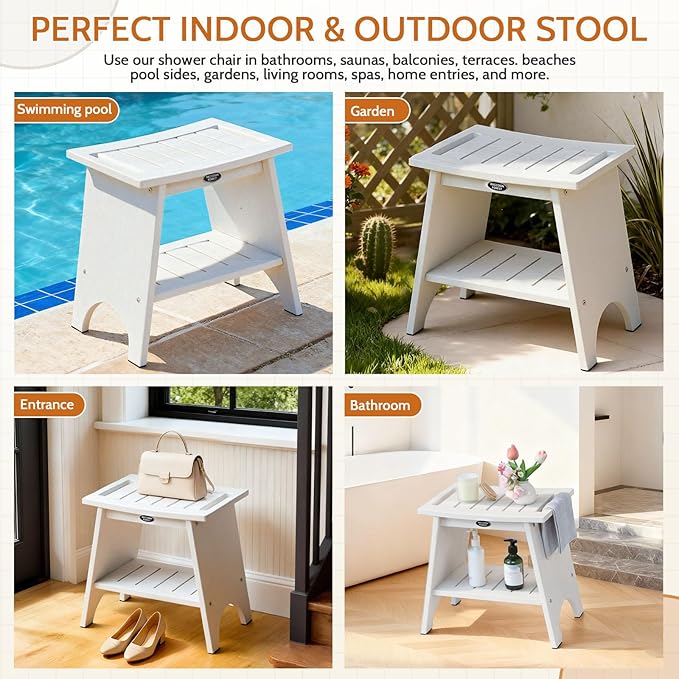 HDPS Shower Benches for Inside Shower to Sit on, Waterproof Shower Chair with Storage Shelf, Heavy Duty 500-lb Shower Seat, Shower Stool for Shaving Legs, Indoor/Outdoor Use, White