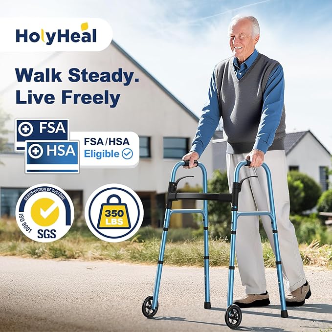Walkers for Seniors, Folding Walker with Wheels and 2 Skis, Lightweight Rolling Walker Supports Up to 350 Pounds, Adjustable Height, Adult Compact Standard Walkers with Aluminum Frame, Blue
