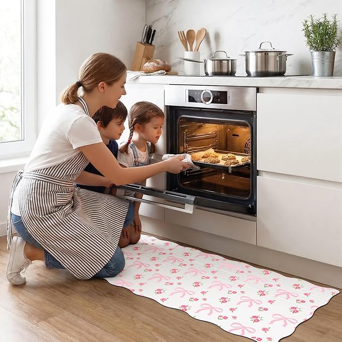 2 Pcs Pink Kitchen Rugs and Mats Set Coquette Bow Floral Non-Slip Waterproof Floor Mats, 47"x16.5" & 30"x16.5" Pink Decor Rugs for Kitchen Sink, Laundry Room Standing, Machine Washable
