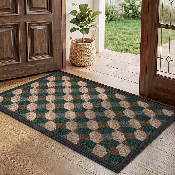 LUMI Front Door Mat 24x36, Low-Profile Non-Slip Welcome Mat for Indoor Outdoor, Stain & Fade Resistant Geometric Door Mat for Entryway Patio Porch, Geo-Olive