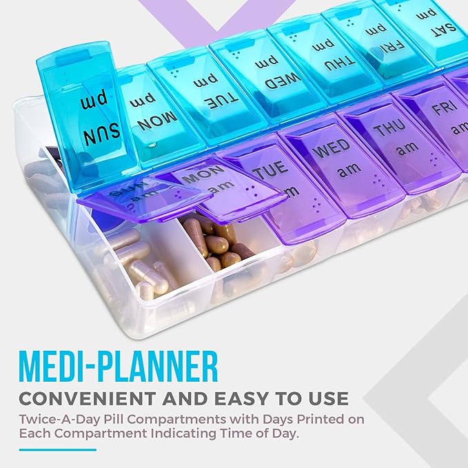 MEDca Pill Organizers - Small Pill Organizer with Weekly and Daily 2-Times-A-Day Compartments for AM/PM - BPA-Free, Portable and Travel Friendly Pill Boxes Case