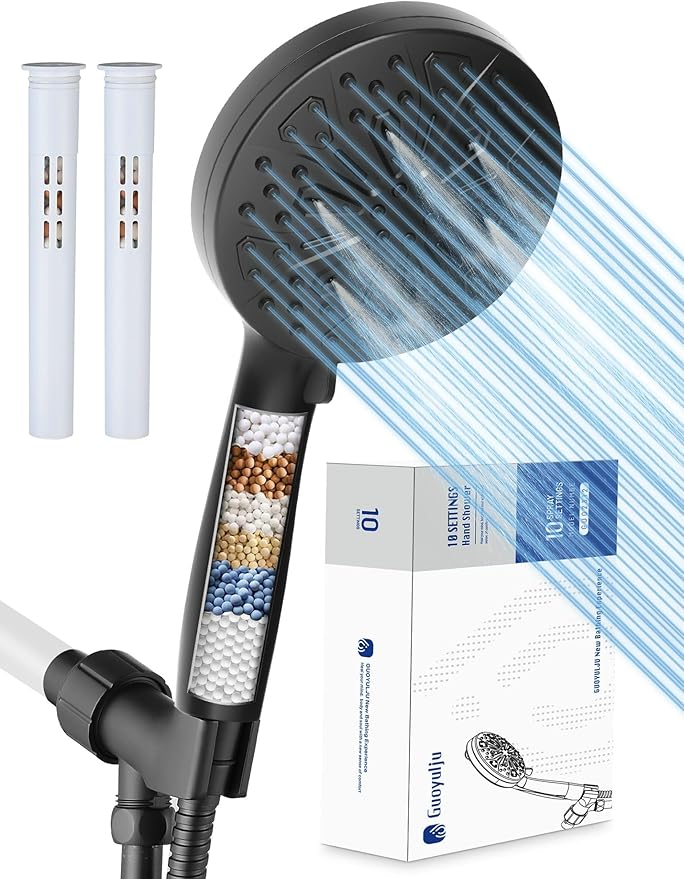 Black Filtered Shower Head with Handheld – GUOYULJU High Pressure Showerhead for Hard Water, 10 Spray Modes, Water Softener Filter, CUPC & WaterSense Certified Filters, Black