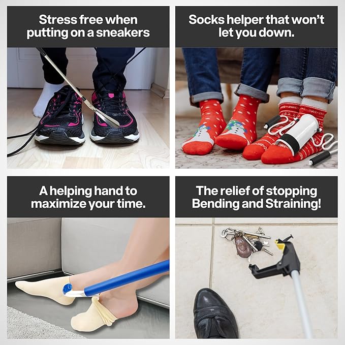 Long Shoe Horn, Grabber Reacher Tool, Sock Aid Device, and Sock Puller Aid Bundle by Shagu. Helpful Compression Sock Aid Device, Sock Puller Aid Easy On and Off, Long Shoehorn, and Trash Grabber Tool.