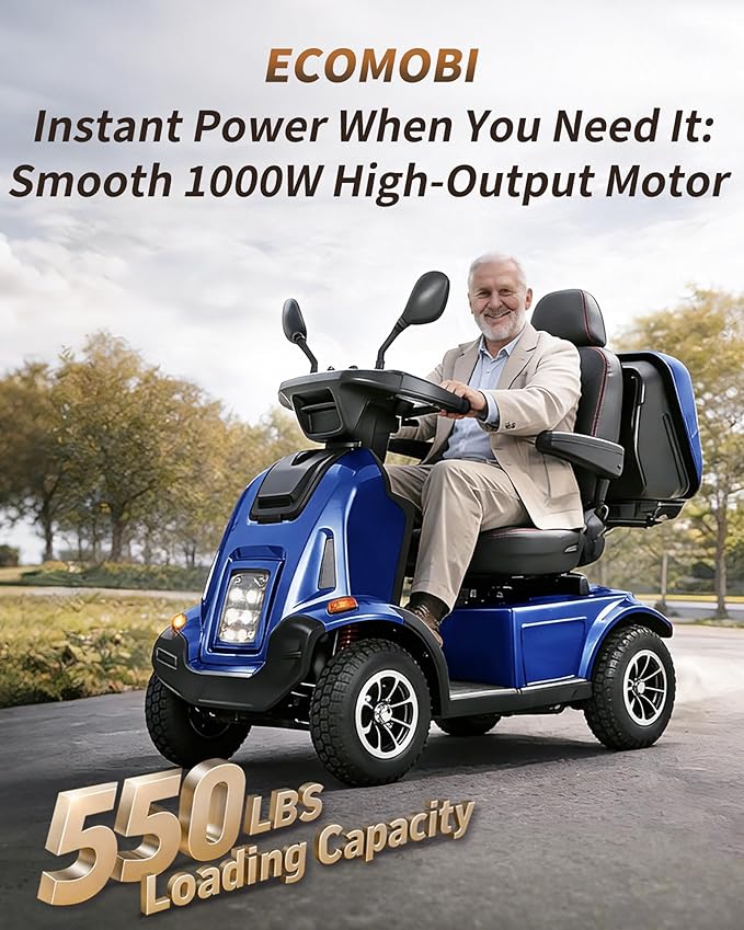 Ecomobi All-Terrain Heavy Duty Mobility Scooter for Seniors & Adults, 1000W Powerful Motor, 550 lbs Weight Capacity, 32 Mile Extended Range, 9 MPH, 13” Pneumatic Tires, Full Suspension, FDA Cleared