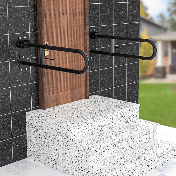 Toilet Grab Bar 30.3 Inch Black, Munzong Anti-Slip Handicap Grab Bars with Paper Holder, Flip-Up Bathroom Safety Rails, Stainless Steel Knurled Support handrails for Seniors Elderly Disabled Pregnant