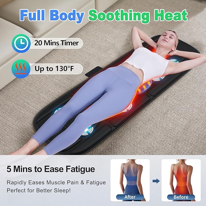 Full Body Massage Mat with Heat, Vibration Massage Mattress Pad with Lumbar Support Cushion, Foldable Massage Mat for Bed, Sofa & Floor, Relaxation & Comfort
